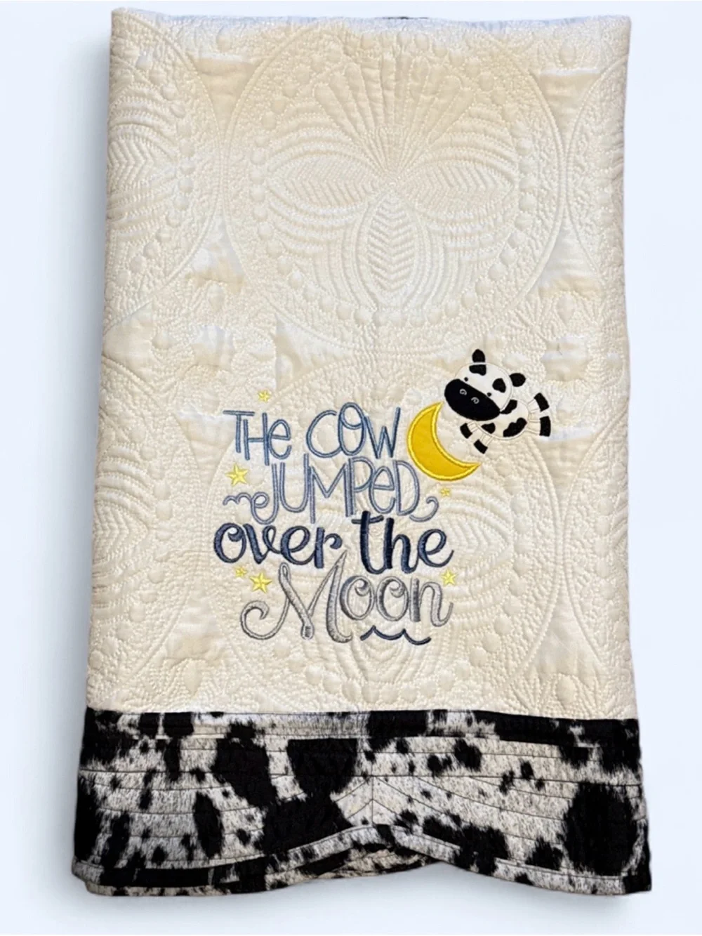 Cow print embroidered baby quilt handmade